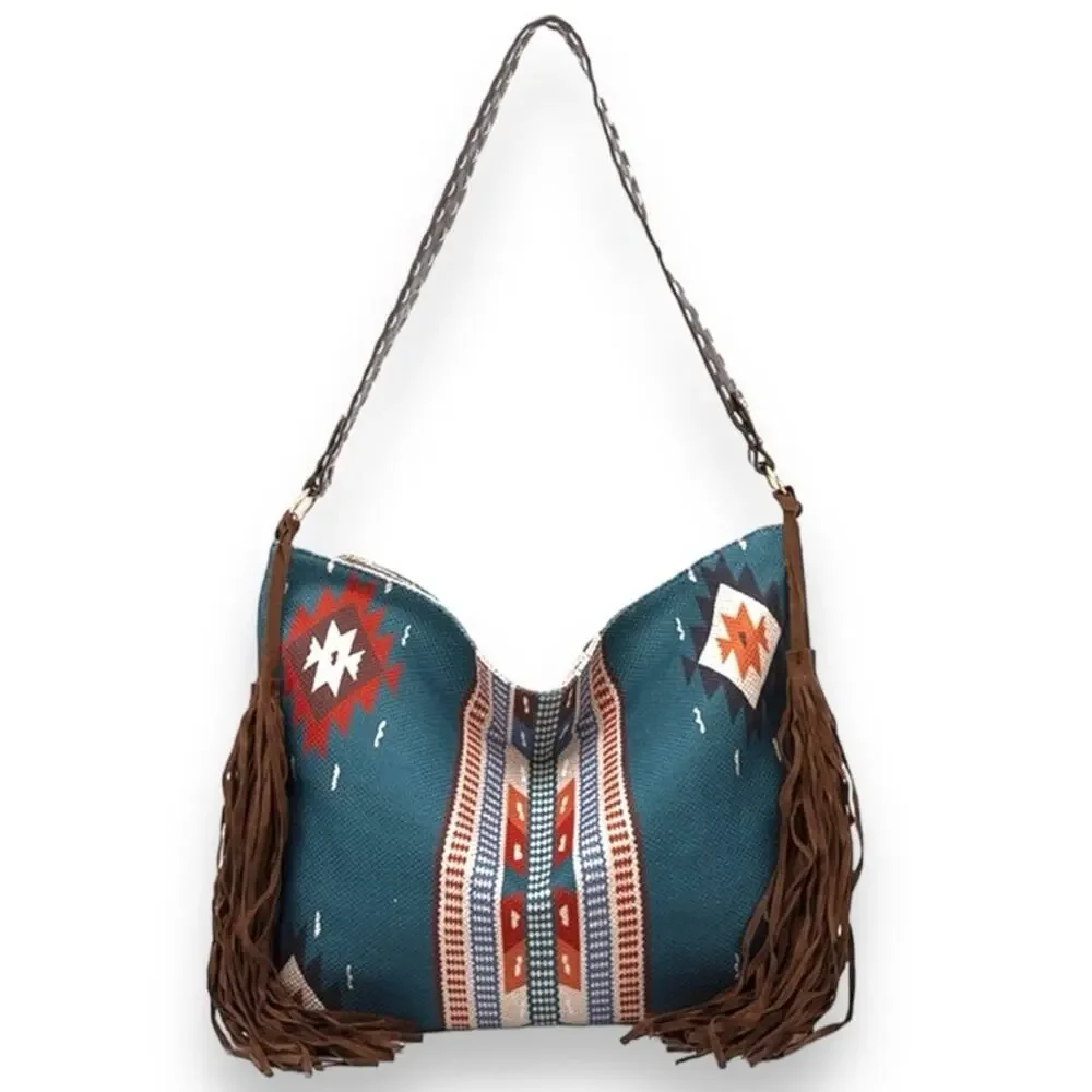 Southwestern Design Fringe Tassel Hobo Shoulder Bag Teal Blue Orange Tan Brown